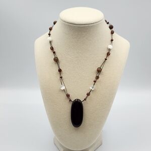 Elegant Brown and White Beaded Necklace with Smokey Quartz pendant